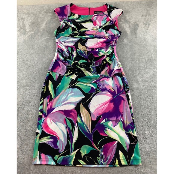 connected apparel Dresses & Skirts - Connected Apparel Floral Ruched Sheath Dress Purple Pink Green Womens 12 Cap Slv